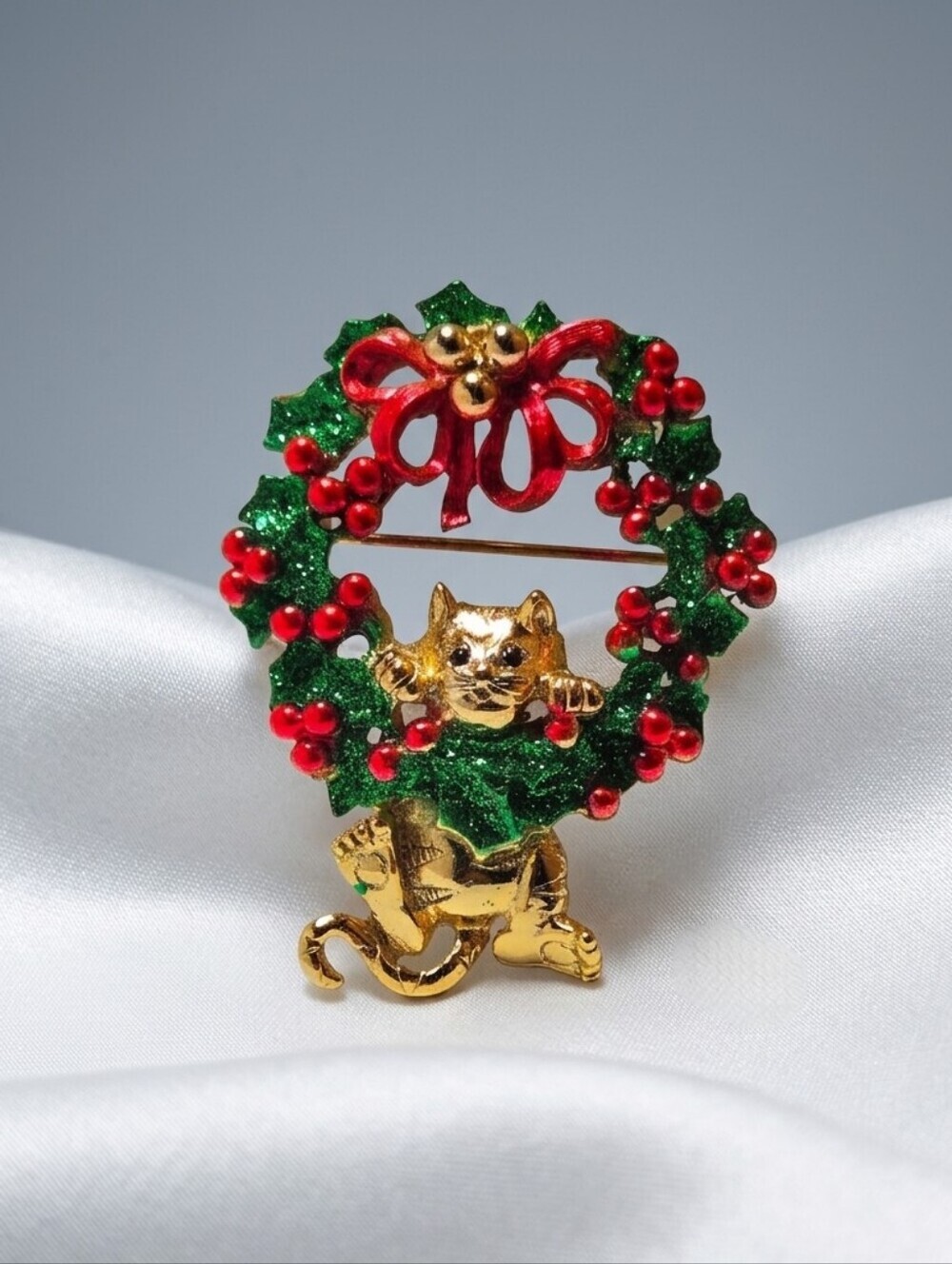 AJC Gold Cat Wreath Holiday Brooch - Green and Red Enamel